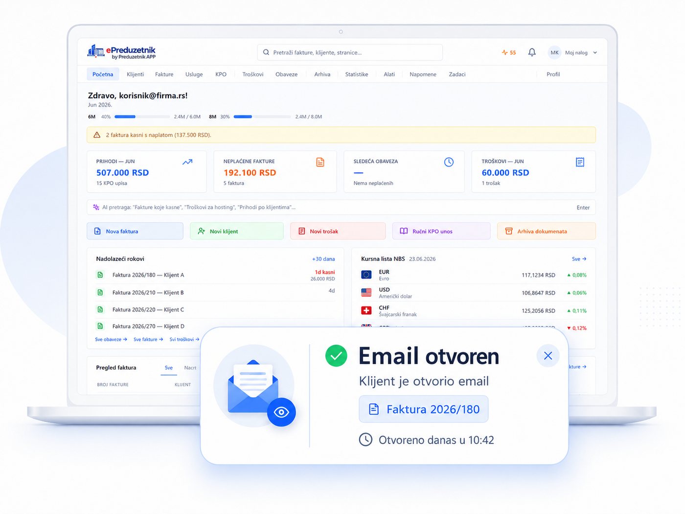 Obavestenje kada klijent otvori fakturu